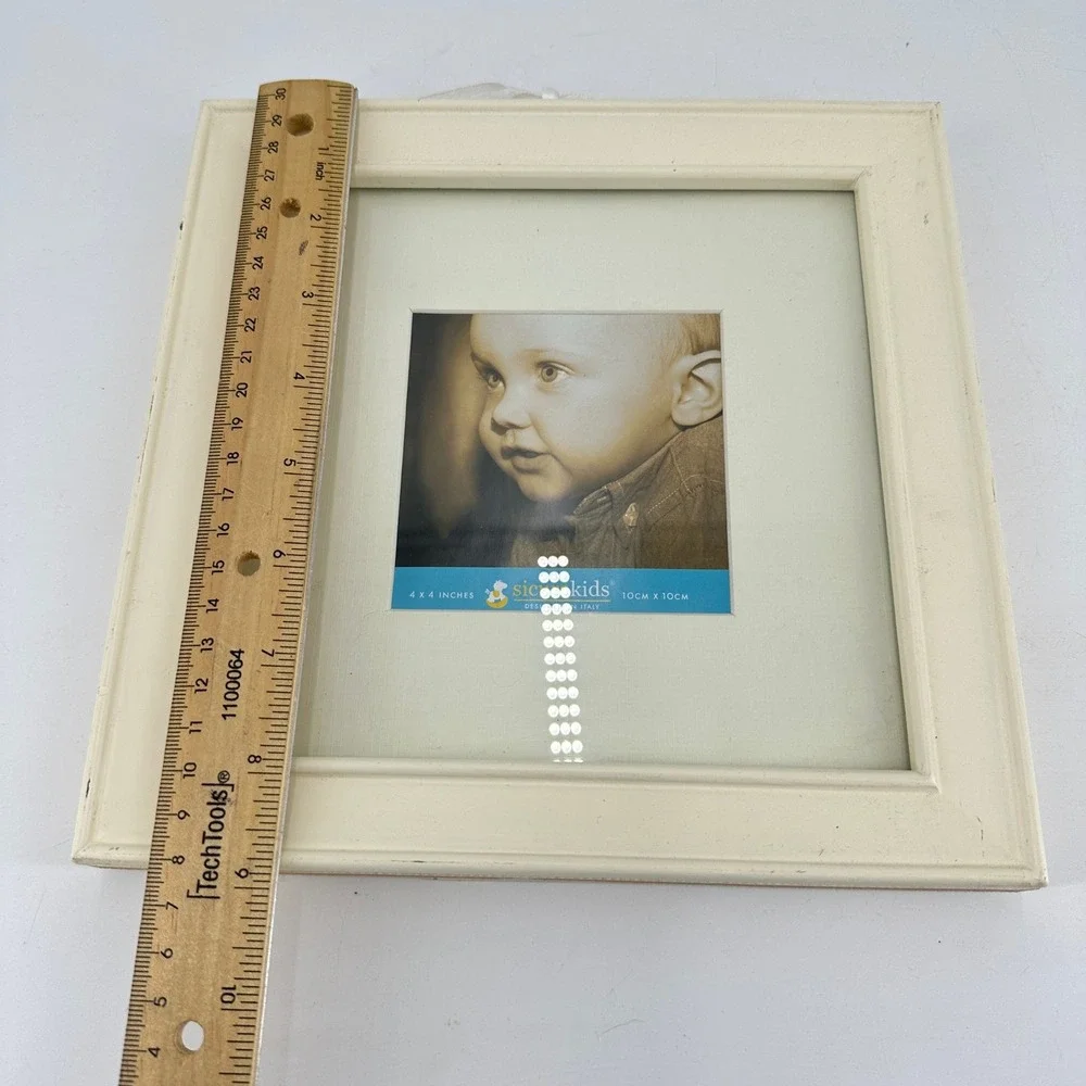 SicuraKids Italian Design Cream Wooden 4x4 Square Picture Frame with Ribbon